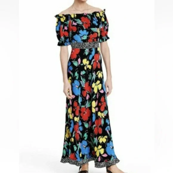 NWT RIXO  Floral Off the Shoulder Puff Maxi Dress Black 14 - Picture 6 of 16